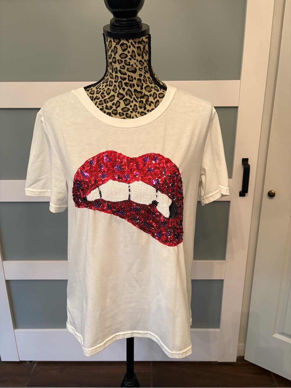 White Short Sleeve Tee with Red Sequin Lip Graphic